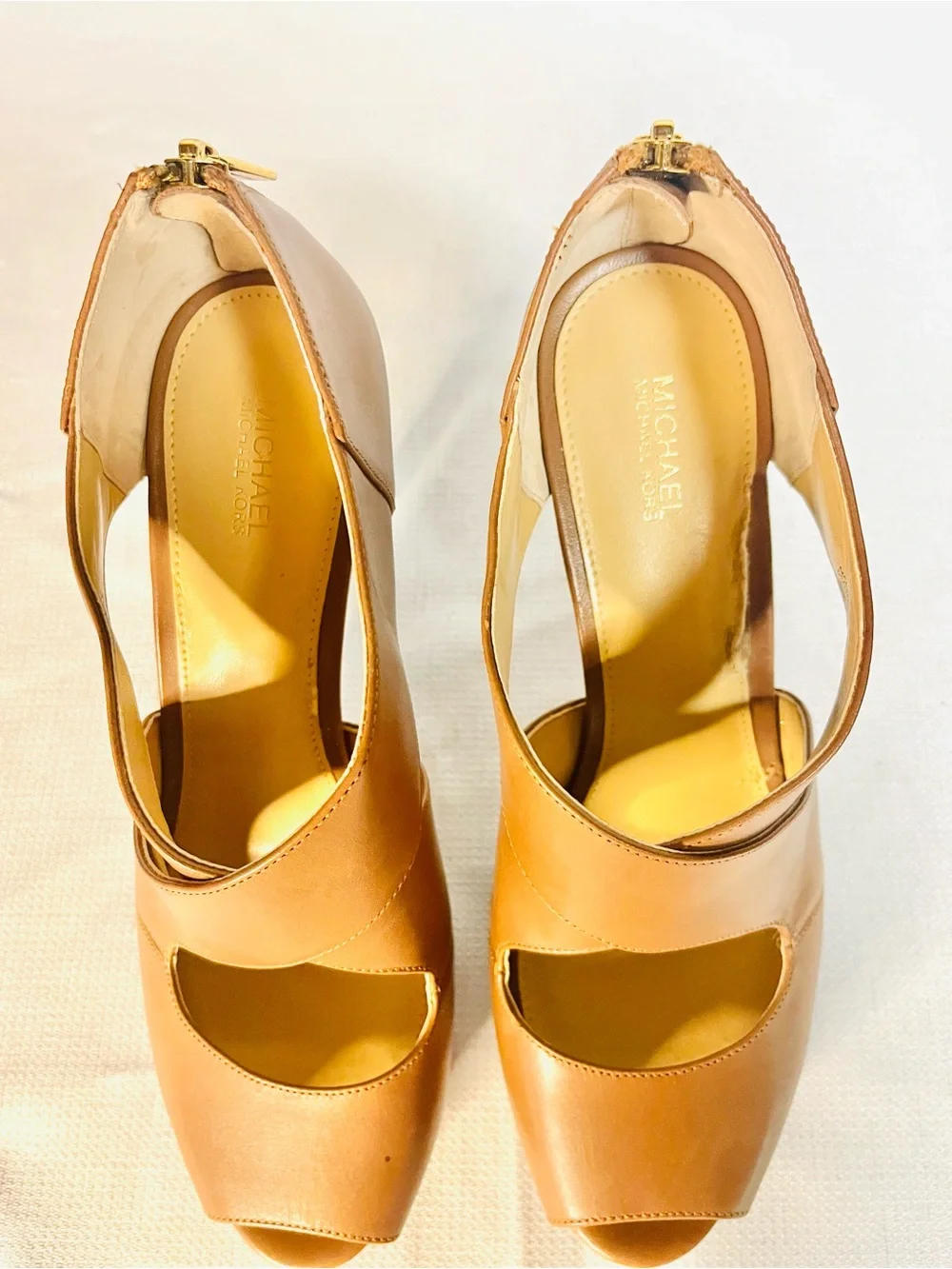 Michael Kors Cognac Peekaboo Toe Platform Stilettos with Zipper Back - 9.5M